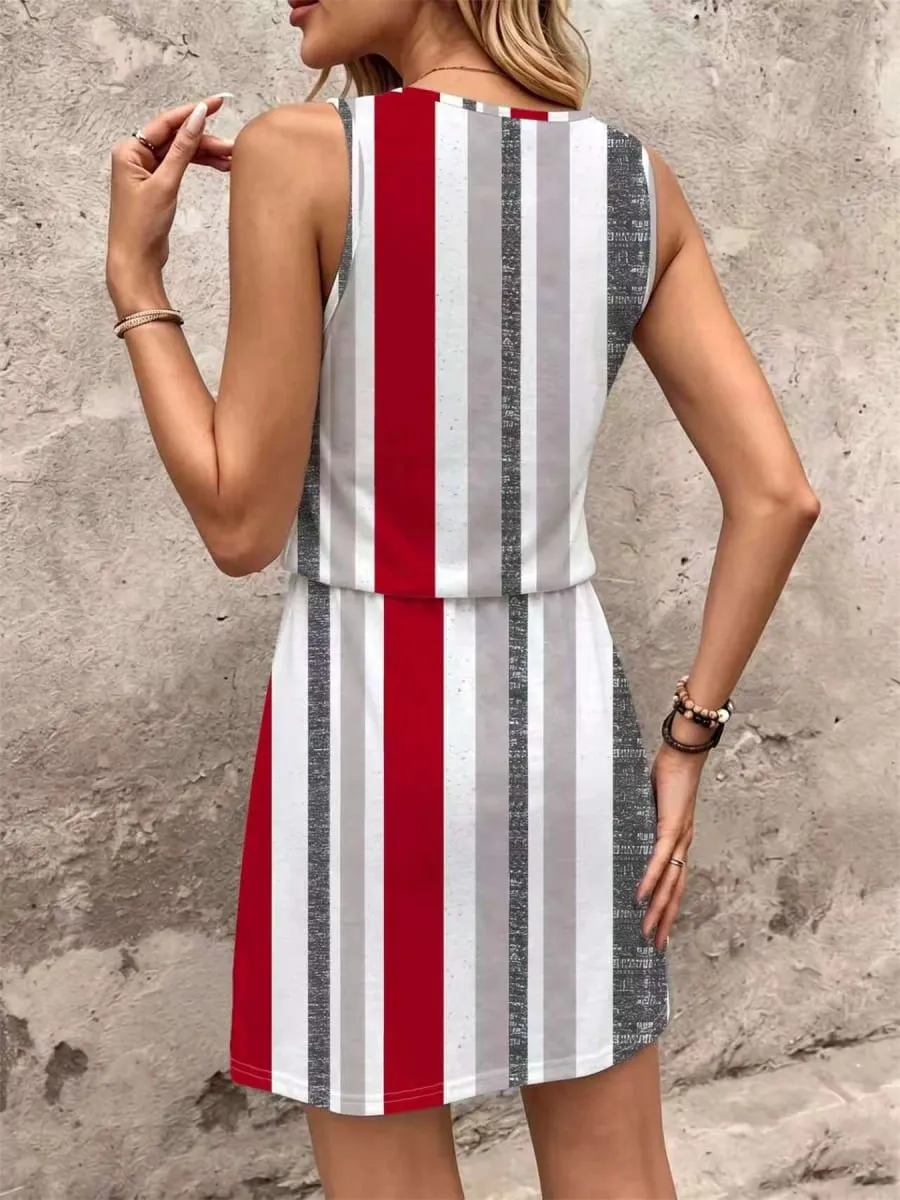 Summer Style Red White and Gray Striped Print Drawstring Waist Sleeveless Dress Suitable for Women's Beach Vacation Dresses — image 5