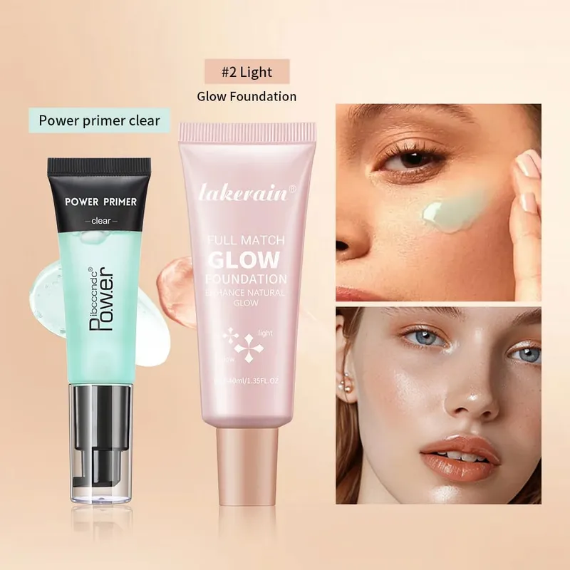 Powder Grip Primer Gel & Glow Foundation Makeup Kit Hydrating Smoothing Skin Lightweight Brighthen Shiny Fase Cosmetics Combo