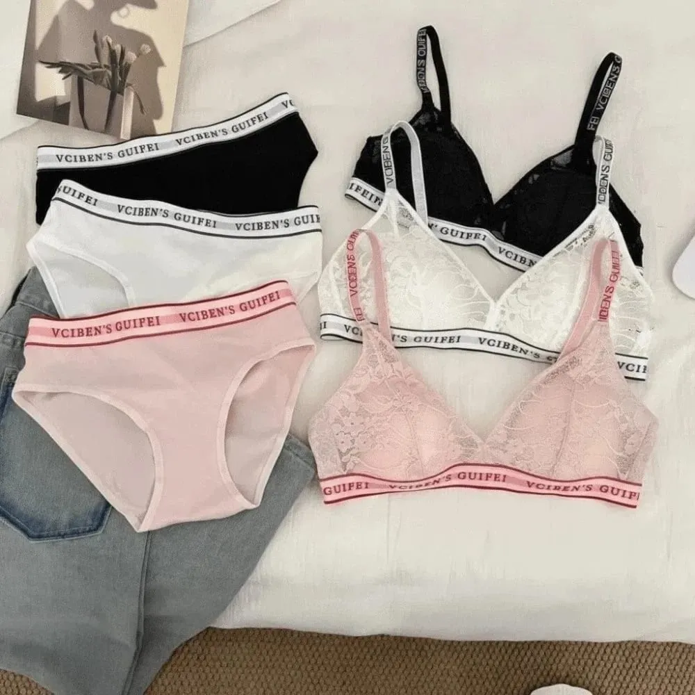 Bra Suit Letter Design Lingerie Set Lace Deep V Women Underwear Suit Wireless Color Blocking Bra Panties Set Daily