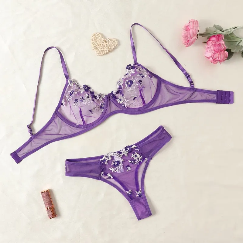 Conjunto de sujetador y bragas de lencería de encaje sexy, ropa interior para mujer, conjunto de Bralette con bordado de flores