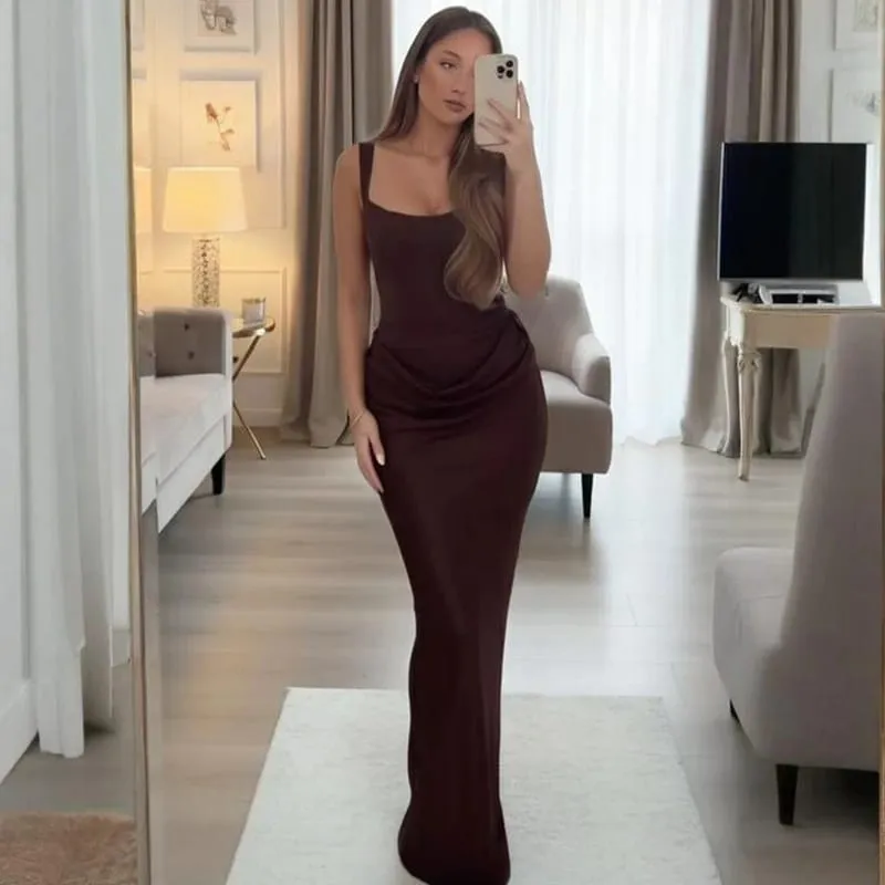 Typhaland Abito maxi pieghettato sottile per le donne Abito da sera sexy senza maniche con scollo tondo Estate 2026 Abiti femminili solidi di moda
