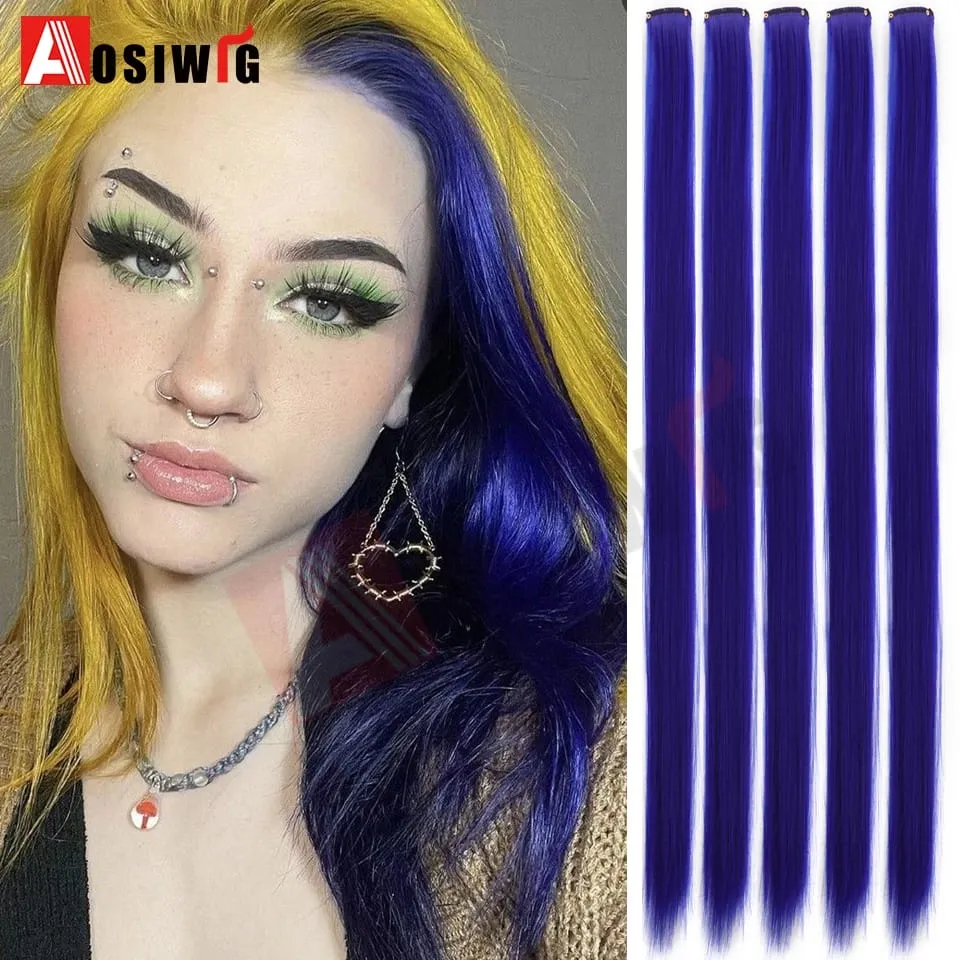 5PC Synthetic Feather Hair Extensions With Clips Heat Resistant Straight Hair Extensions Color Colored Black Hair Clip Womens 8G