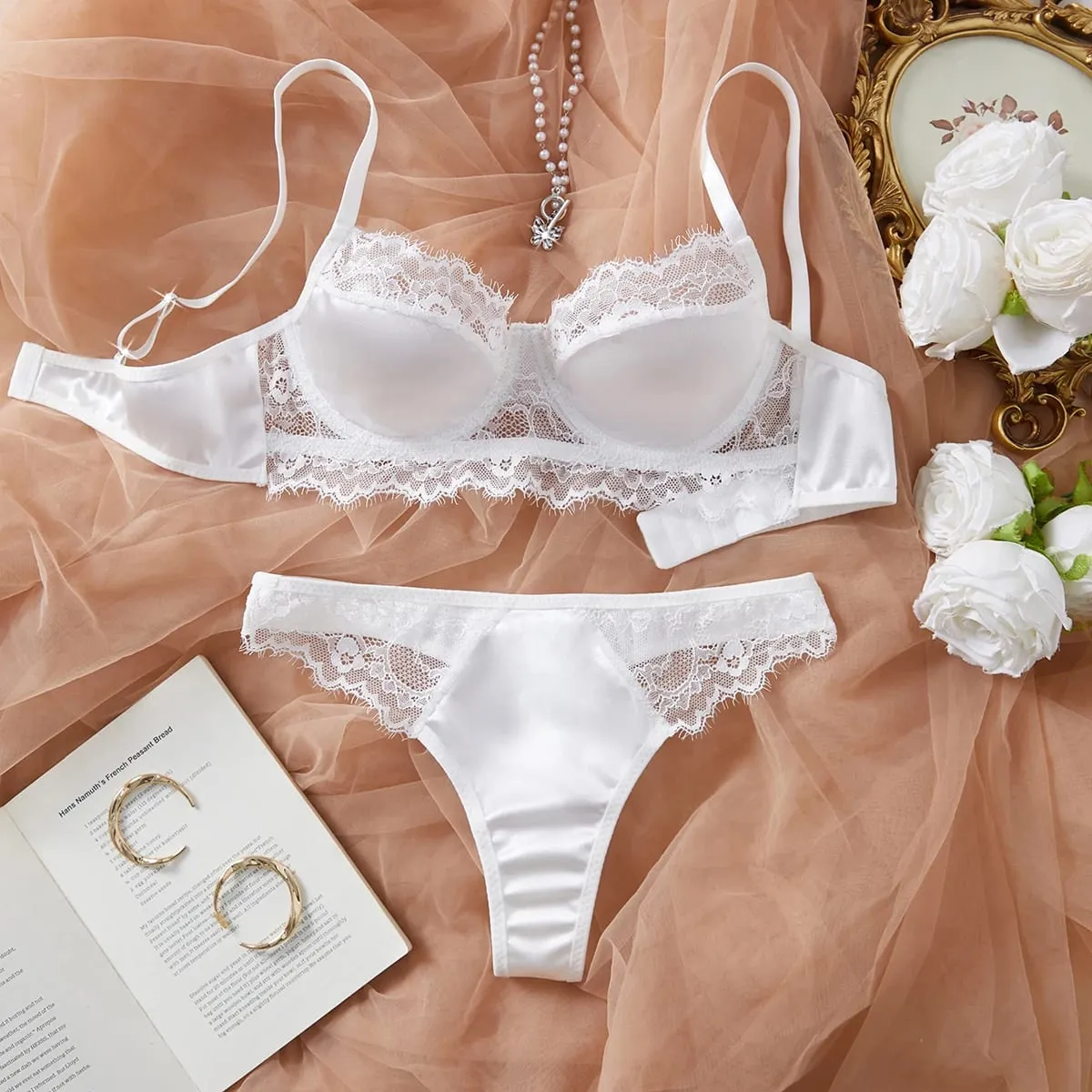 Γυναικείο 2025 Sxy Lace strapping underwire σουτιέν χωρίς επένδυση και βραζιλιάνικο σλιπ - Σετ εσωρούχων με φανταχτερές βλεφαρίδες