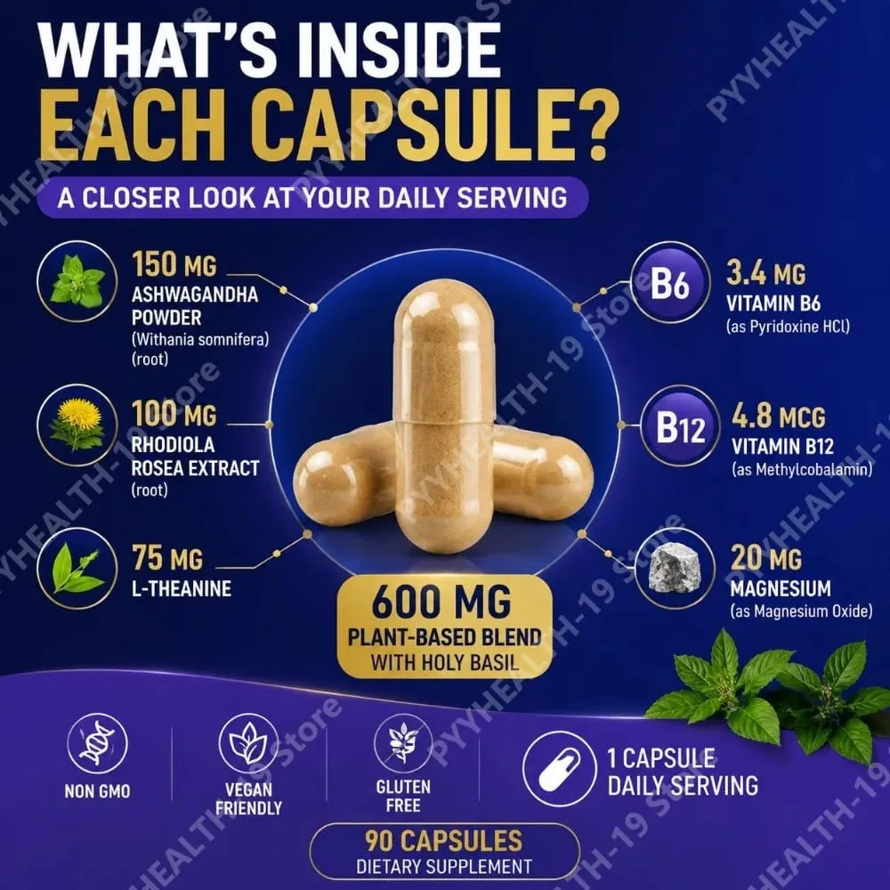 Lenm Cortisol สนับสนุนสุขภาพแคปซูล Ashwagandha Rhodiola Holy Basil L-Theanine สำหรับความเครียด Balance & ผ่อนคลายผู้ใหญ่ 90 นับ