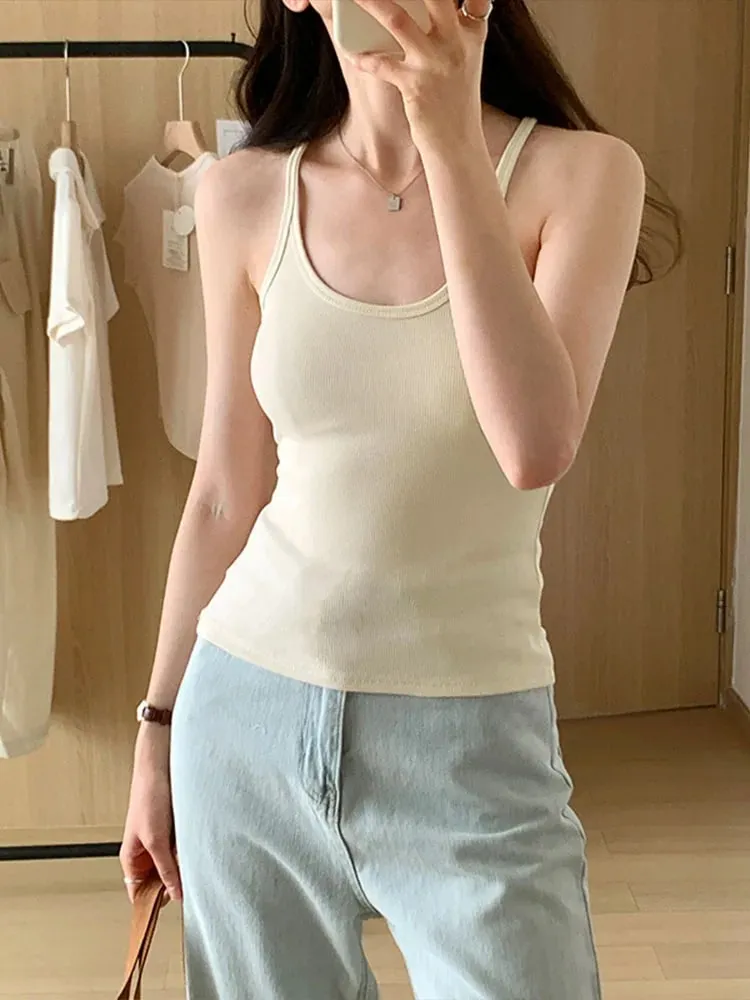 Summer New Solid Color Simple Women's Tanks Slim Casual Fashion Female Top Apricot Dark Grey Dark Coffee Black Tanks