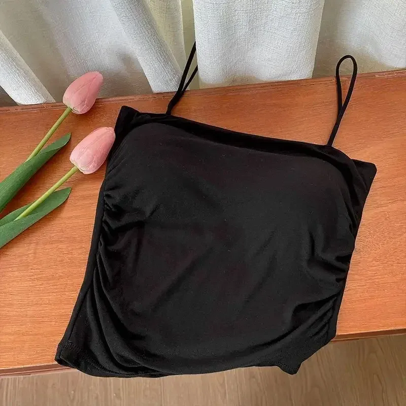Solid All-Match Pleat Sling Vest Strap Chest Pad Inner Wear Slim Fit Slimming Short Gyaru Outer Wear Top