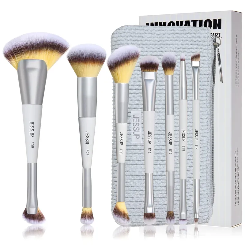 Jessup pincéis de maquiagem conjunto 3/7 pçs dupla terminou base sintética blush destaque mistura escova de sobrancelha com saco cinza silencioso t520