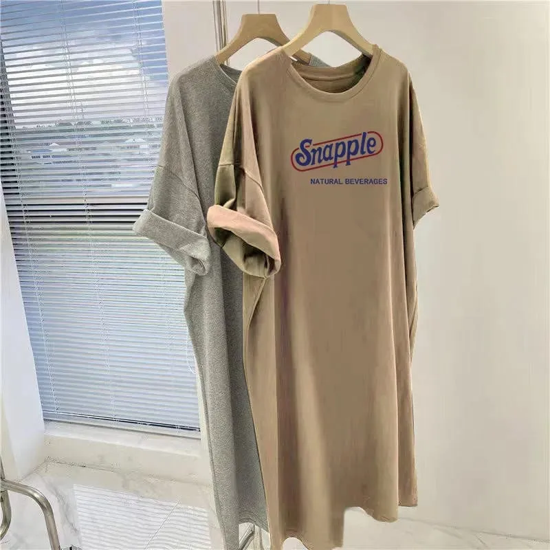 American Retro Letter Printed Plus Size Loose Short Sleeved Dress for Women