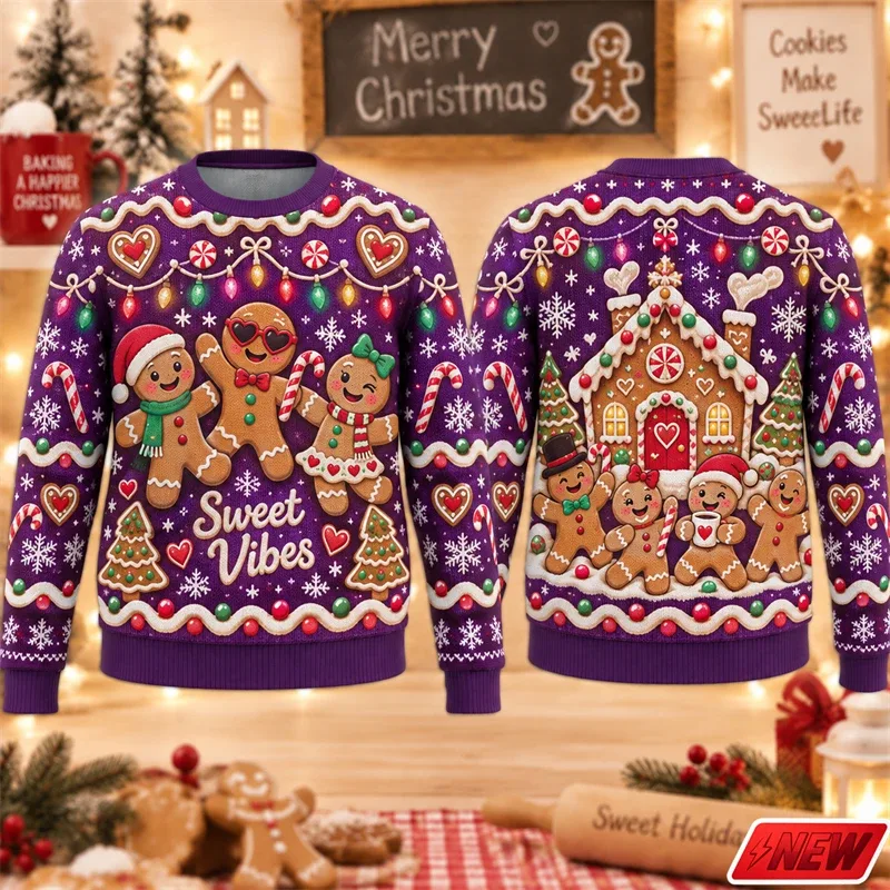 Christmas Ugly Sweater Men Holiday Gift Trendy 3D Print Funny Skateboarding Gingerbread Man House Pattern Pullover Unisex Hoodie
