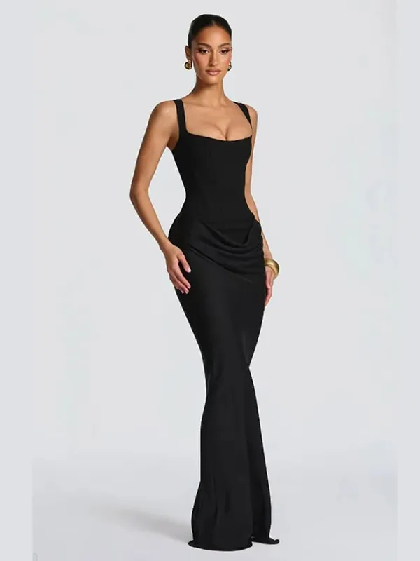 Vestido Sexy plisado liso con tirantes para mujer, cuello cuadrado, sin mangas, con hombros descubiertos, ceñido en la cintura, vestidos ajustados, vestidos de fiesta de noche para mujer