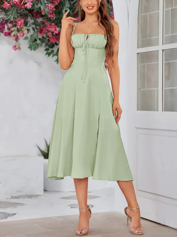 New Summer Fashion Women's Dresses Solid Square Neck Cami Ruched Corset Waist Midi A-Line skirts Elegant Summer Party Dress Y2K