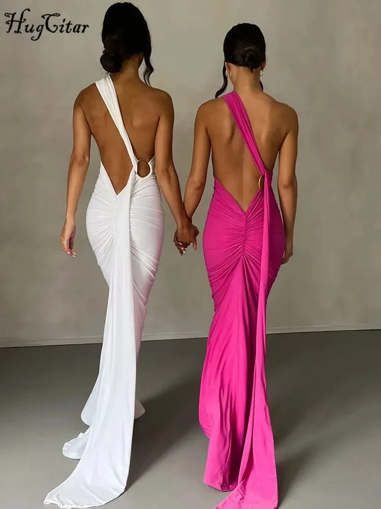 Hugcitar Een Schouder Backless Verstelbare Sjaal Lus Ruches Sexy Maxi Jurk 2025 Vrouwen Elegante Y2K Streetwear Festival Outfit — image 4