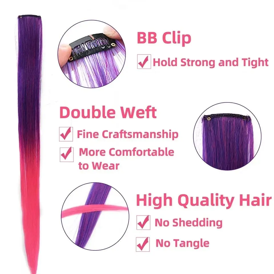 2026 Colored Highlight Hair Extensions 22 Inch Synthetic Rainbow Long Straight Hairpieces Purple Pink Blue for Women Girls Kids — image 4