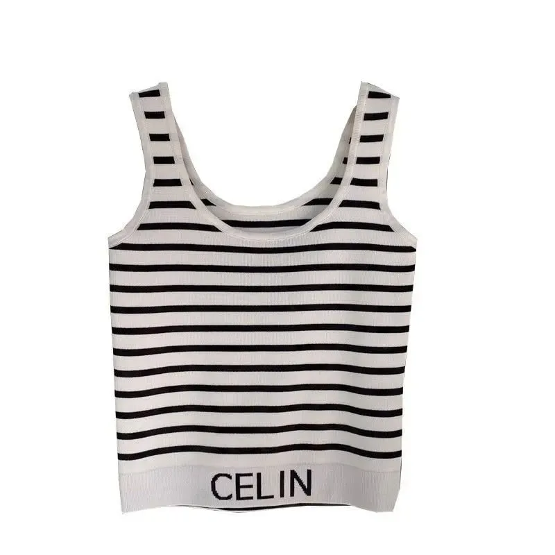 Spring and Summer New Korean-style Hem Letter Stripes Slimming Knitted Halter Top Versatile Slimming Solid Color Vest for Women