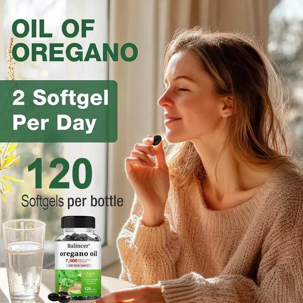 오레가노 오일 7 500 Mg(블랙 씨드 오일 포함) – 높은 카르바크롤 지원 소화기 뼈 신경 근육 및 면역 건강