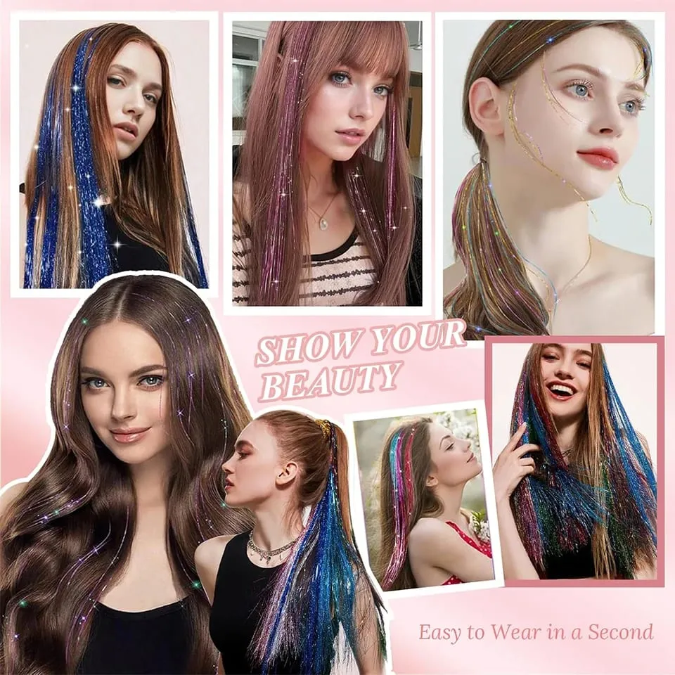 Hair Tinsel Pack Of 12 Pcs Colorful Glitter Hair Accessories Clip In Hair Tinsel Extensions Synthetic Hair Accessories — image 7