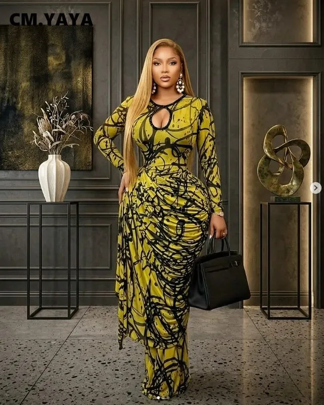 CM.YAYA Kadın Çizgili Baskı Şerit Dantelli Uzun Kollu Bodycon Maxi Uzun Elbise 2026 Seksi Doğum Günü Partisi Eğitim Trendy Elbiseler