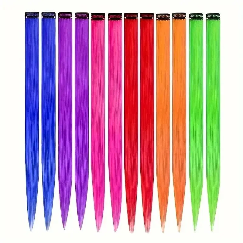 12 Pcs Colored Hair Extensions: Straight Hairpiece Multi-Color Party Highlights Clip-in Synthetic Hair Extensions for Women