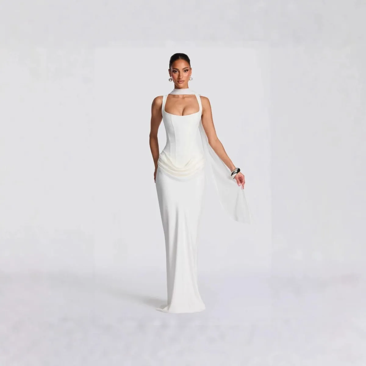 Cross-border primavera 2026 feminino fino ajuste fishbone cinta vestido longo cor pura bodycon vestido estilo sexy vestido sem ombros — image 5