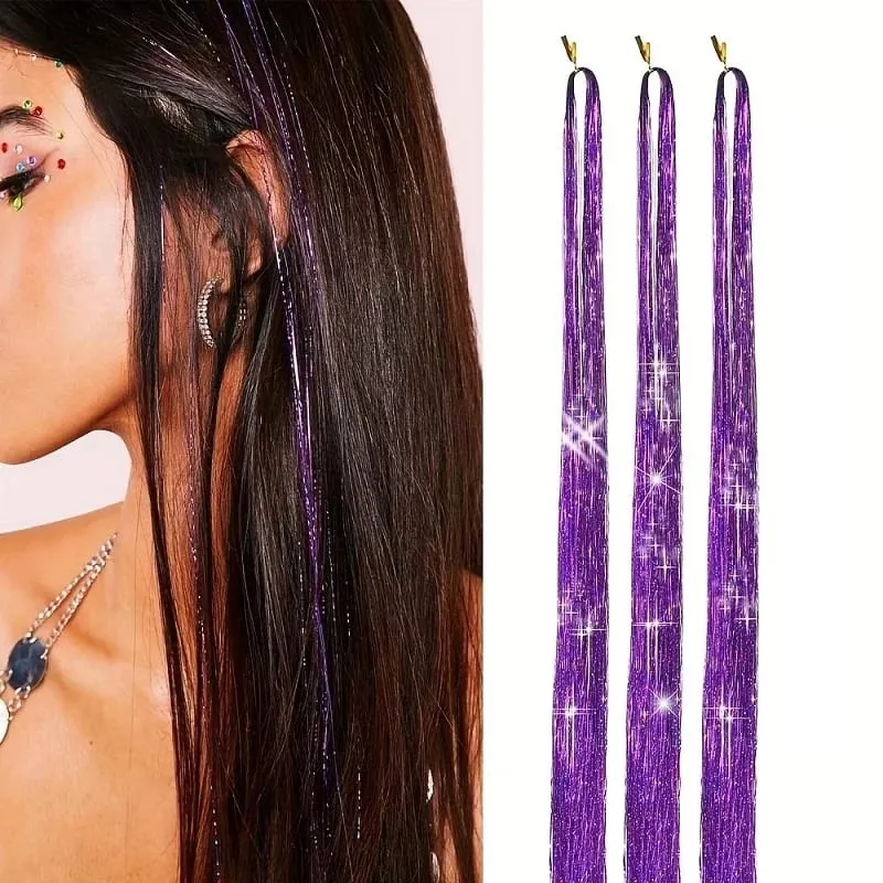 90cm Syntetisk 3st/set Regnbågsfärgat glänsande hår Laser Tinsel Långt rakt Värmebeständigt Fairy Hair Extension Party Dagligen