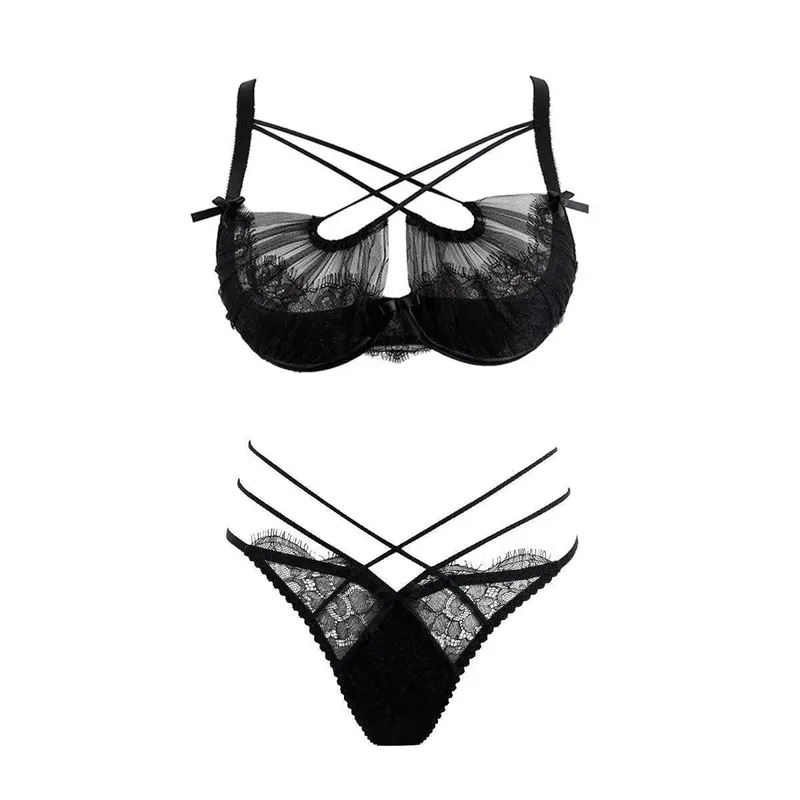 Französisch Spitze Stickerei Cross Strap Dessous Set Mesh Push-Up Bh Panty Hohl Sexy Frauen Intime Unterwäsche Anzug S-XL Party tragen