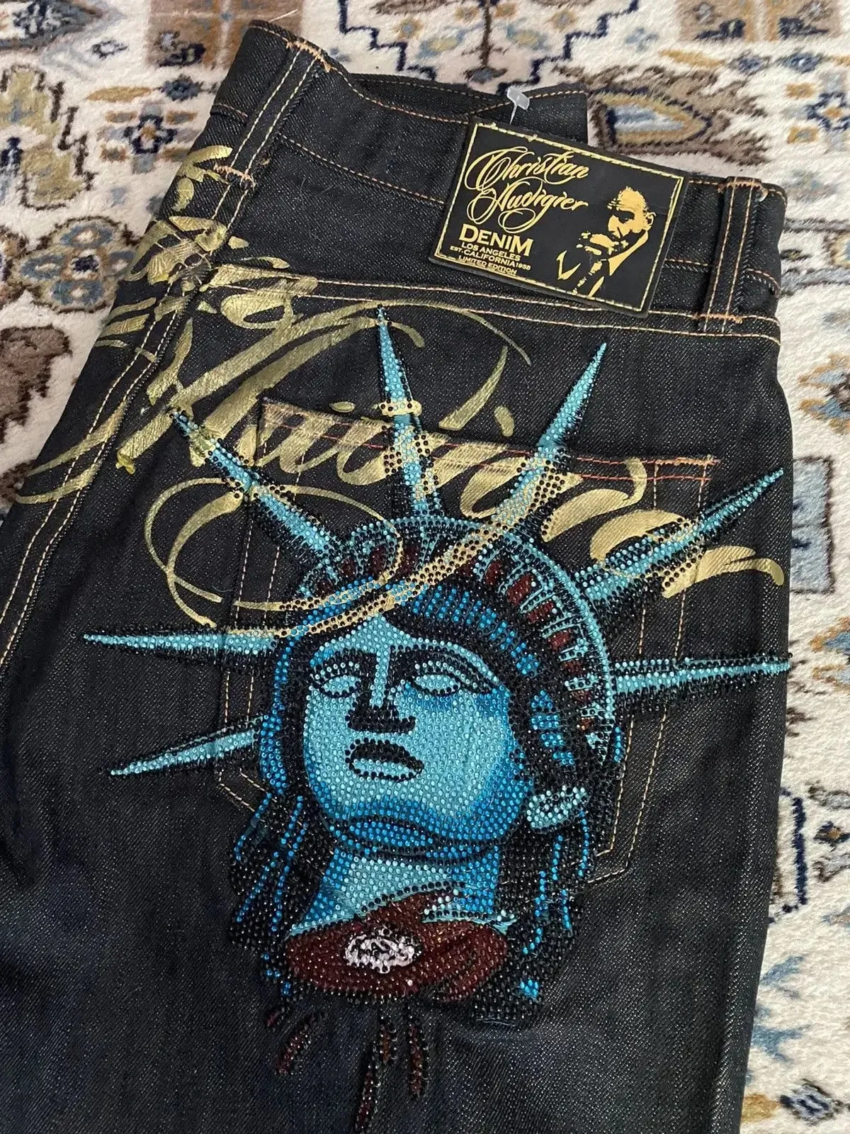 Harajuku Y2k Diamonds Wide Leg Jeans 2000s Casual Denim Pants High Waist Straight Jeans Vintage Statue of liberty Men Clothing