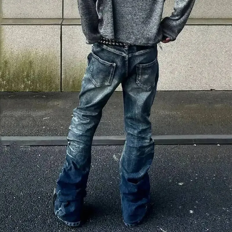 American Style Men's Denim Pants Washing Button Design Pleated Loose Jeans Contrast Color Casual Male Bottom Vintage 4K5156