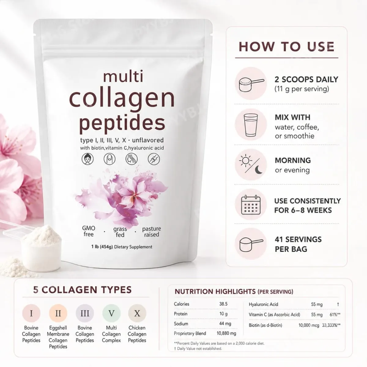 Poudre de Peptides multi-collagènes, 454g, mélange de collagène sans saveur, avec vitamine C, biotine, acide hyaluronique, Support pour la peau, les cheveux et les ongles