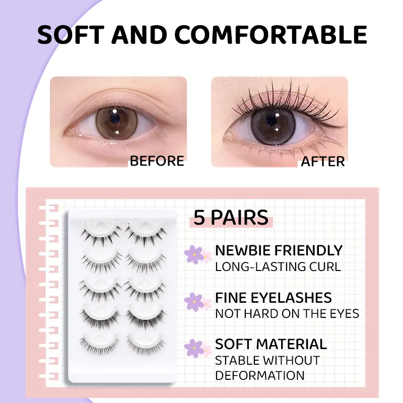 5 par blandet manga selvklæbende falske øjenvipper Limfri genanvendelige naturlige strimler vipper til daglig øjenmakeup