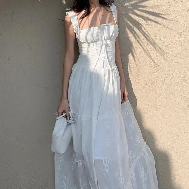 Y2K Simple Elegant Square-neck White Maxi Dress Summer Slim Lace Up Sleeveless Dreses French Party Beachwear Casual Vestidos
