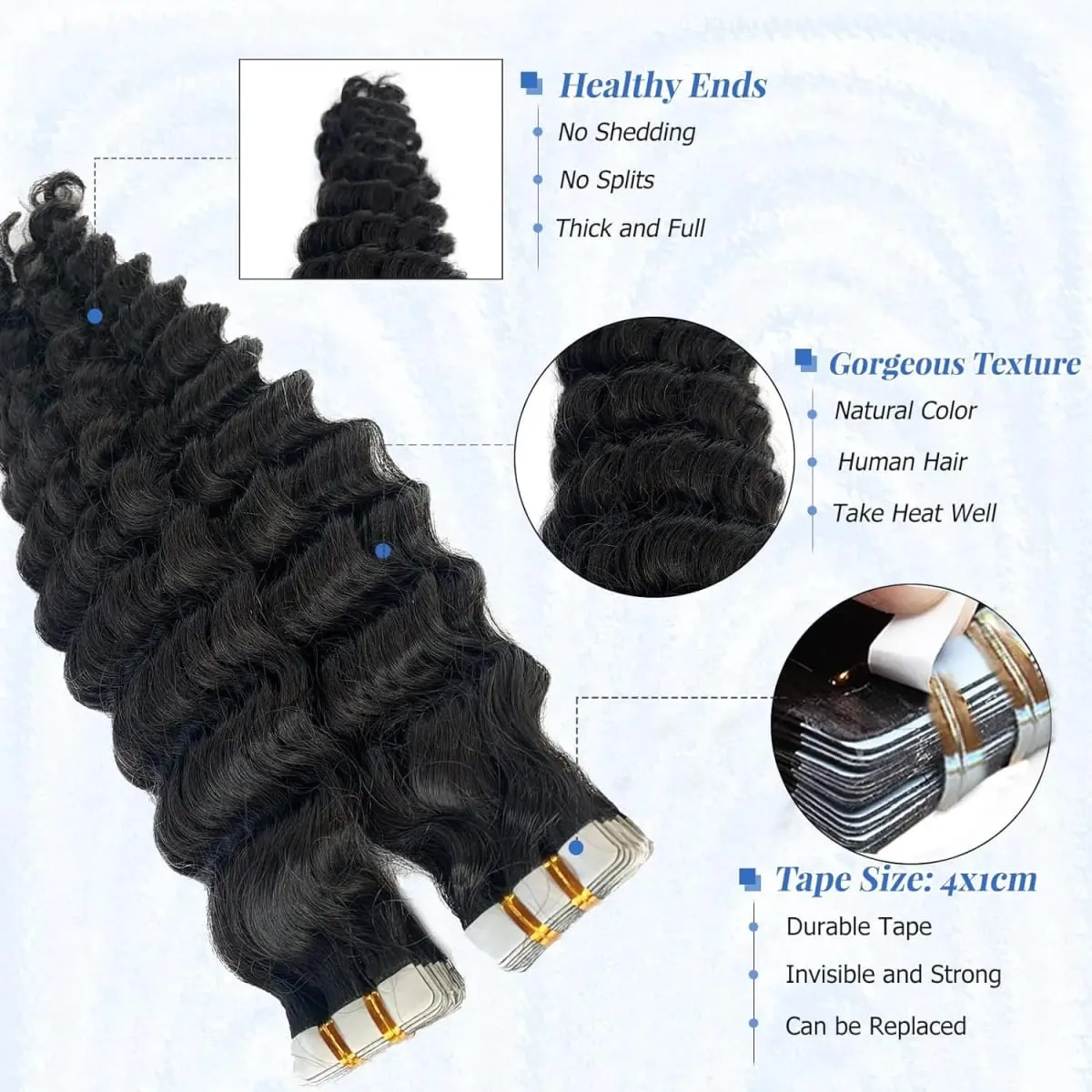 Deep Water Wave Tape In Hair Extensions Natural Black Remy 100% Human Hair 20pcs/50g Curly Tape ins Invisible Adhesive Seamless