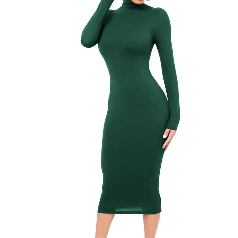 Vinter Svart Turtleneck Sexig Damklänning Höst Långärmad Skinny Midi Boydcon Casual Blå Plysch Knälång Party Club