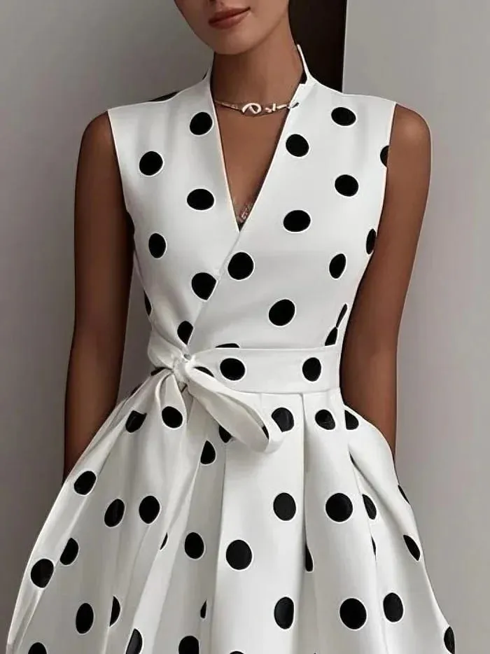 French Polka Dot Dress 2025 Summer Retro New Style Elegant Waist-cinching Dress for Women Sleeveless V-Neck Lace-up Dress — image 4