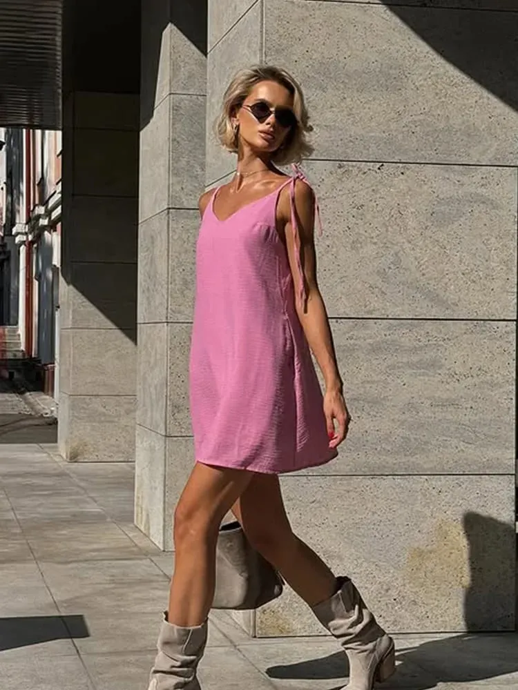 Ahagaga 패션 여성 드레스 솔리드 스트랩 붕대 일반 인과 v 넥 민소매 여름 캐미솔 루즈 스위트 Femlae Vestido