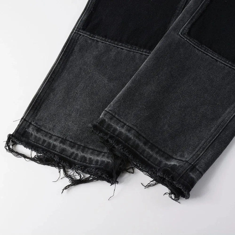 Men Patch Cargo Denim Jeans Streetwear Rivet Released Hem Patchwork Pants Button Fly Loose Straight Cotton Trousers