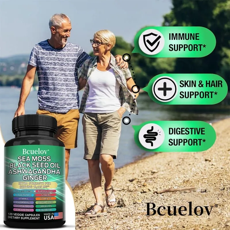 All in One Supplement with Sea Moss Black Seed Oil Ashwagandha Ginger Enhanced Immunity & Energy 120 Capsules