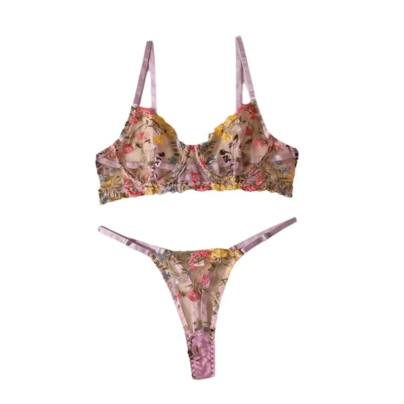 Conjunto de lingerie transparente transparente transparente, ultrafino, elegante, bordado floral, roupa íntima, calcinha push up, conjunto de sutiã feminino