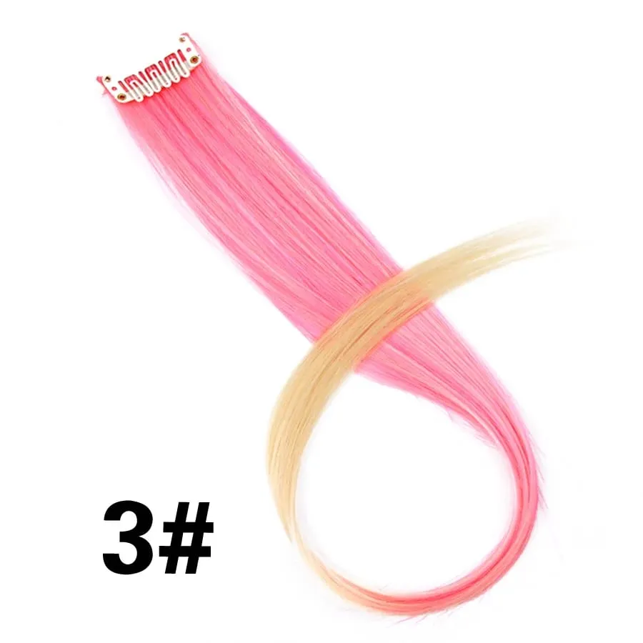 Lige farvet hårstykke Hair Extensions Clip In Highlight Regnbuehår Pink Blå Lilla Syntetisk på klips til kvinder piger — image 9