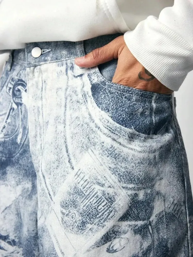 Mens Jeans Harajuku Y2K Streetwear Gothic Print Baggy Wide Leg Denim Pants Vintage Washed Straight Fit Grunge Punk Fashion Trend