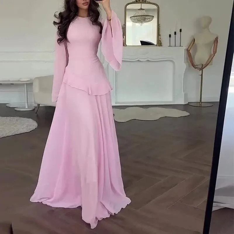 Kvinder Chiffon Solid Flæser Kjole Flare Ærmer Rundhals 2025 Ny Elegant Maxikjole Aftenfest Mode Ferie Dame