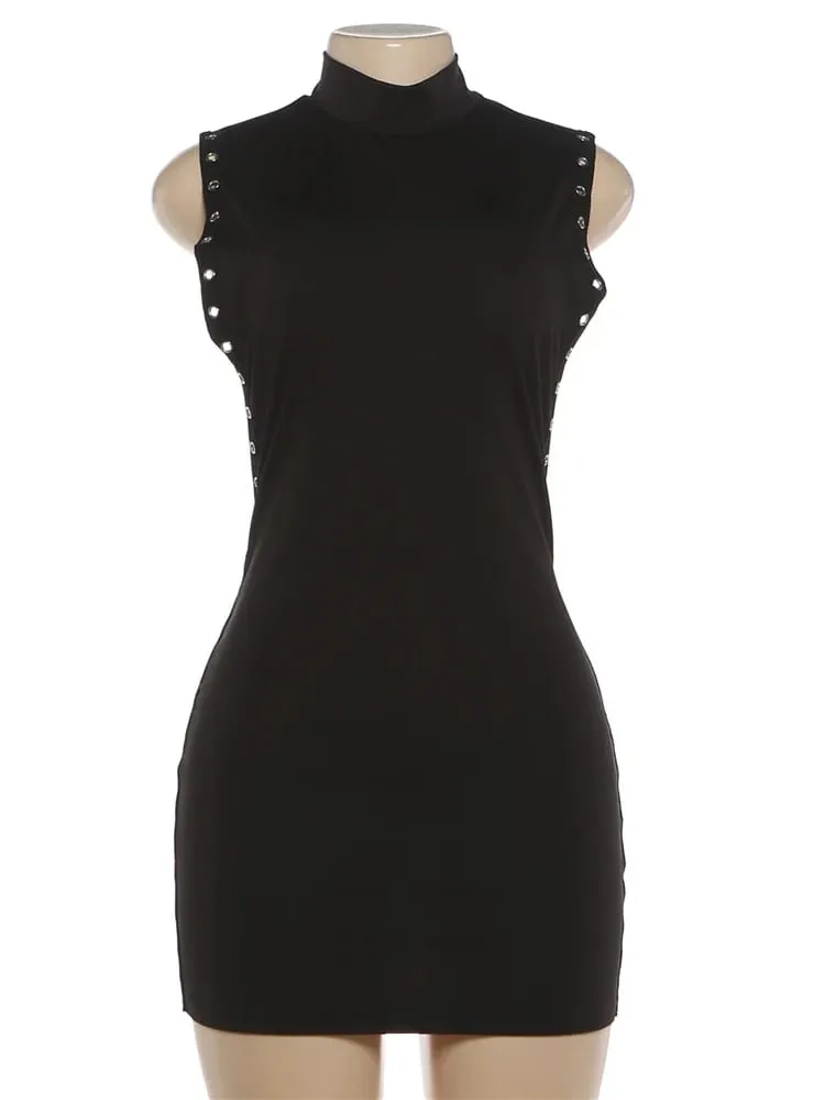 Nibber Pfirsich-Hüft-Minikleid für Damen, O-Ausschnitt, ärmellos, seitliches Hohldesign, Metallringe, Dekoration, dünn, Mitternacht, Club-Party, figurbetont