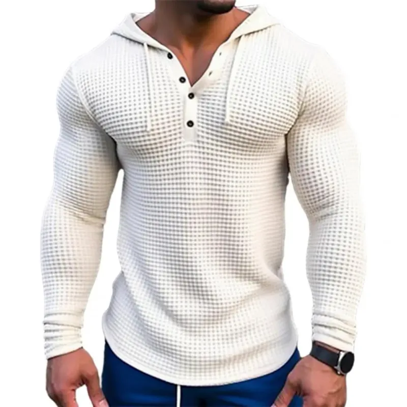 T-shirt à manches longues pour hommes, couleur unie, coupe cintrée, à capuche, respirant, haut de sport, en coton gaufré, décontracté, printemps