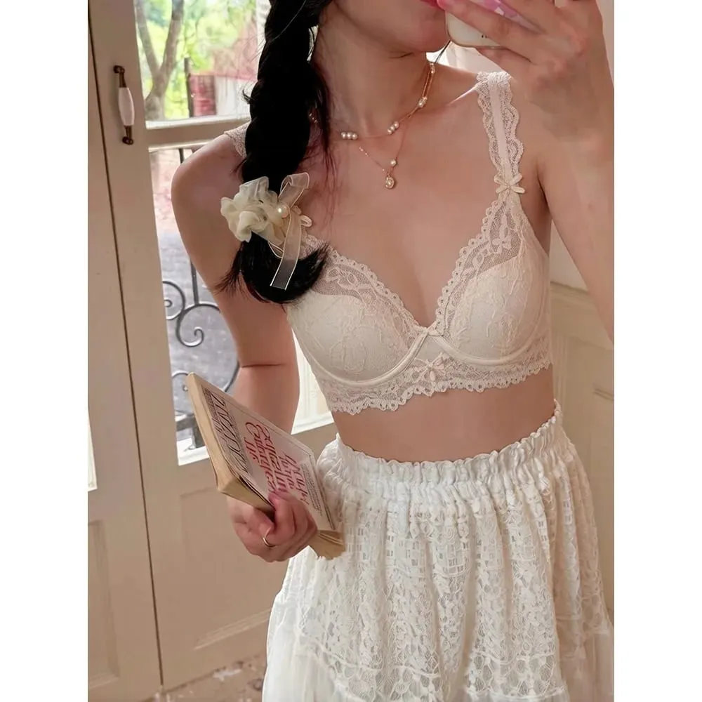 Conjunto de sutiã feminino de renda manga flutter francesa macio underwire fino respirável sexy minimizador beleza costas lingerie 32-38 ab