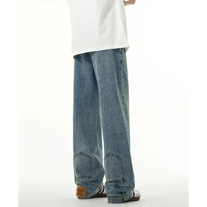 Autumn Men's High Street Fashion Baggy Jeans Reverse Pocket Design Straight Wide Leg Denim Trousers Solid Color Y2K Vintage Jean