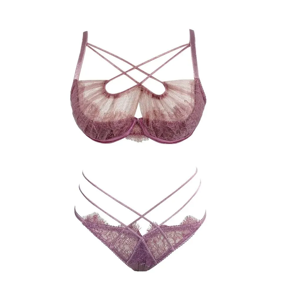 Französisch Spitze Stickerei Cross Strap Dessous Set Mesh Push-Up Bh Panty Hohl Sexy Frauen Intime Unterwäsche Anzug S-XL Party tragen