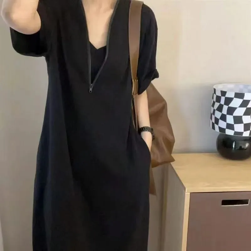 New Women Loose Zip-up Dress Girl Student Plus-size Slimming Long Dress Woman Casual Dress Lady Vacation Commuting Everyday Wear