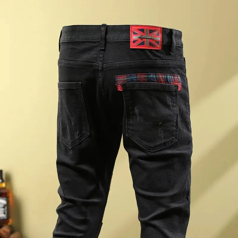 Men's Ripped Jeans with Patchwork Design Slim Fit Skinny Spring Trendy Street Motorcycle Style Black Long Pants