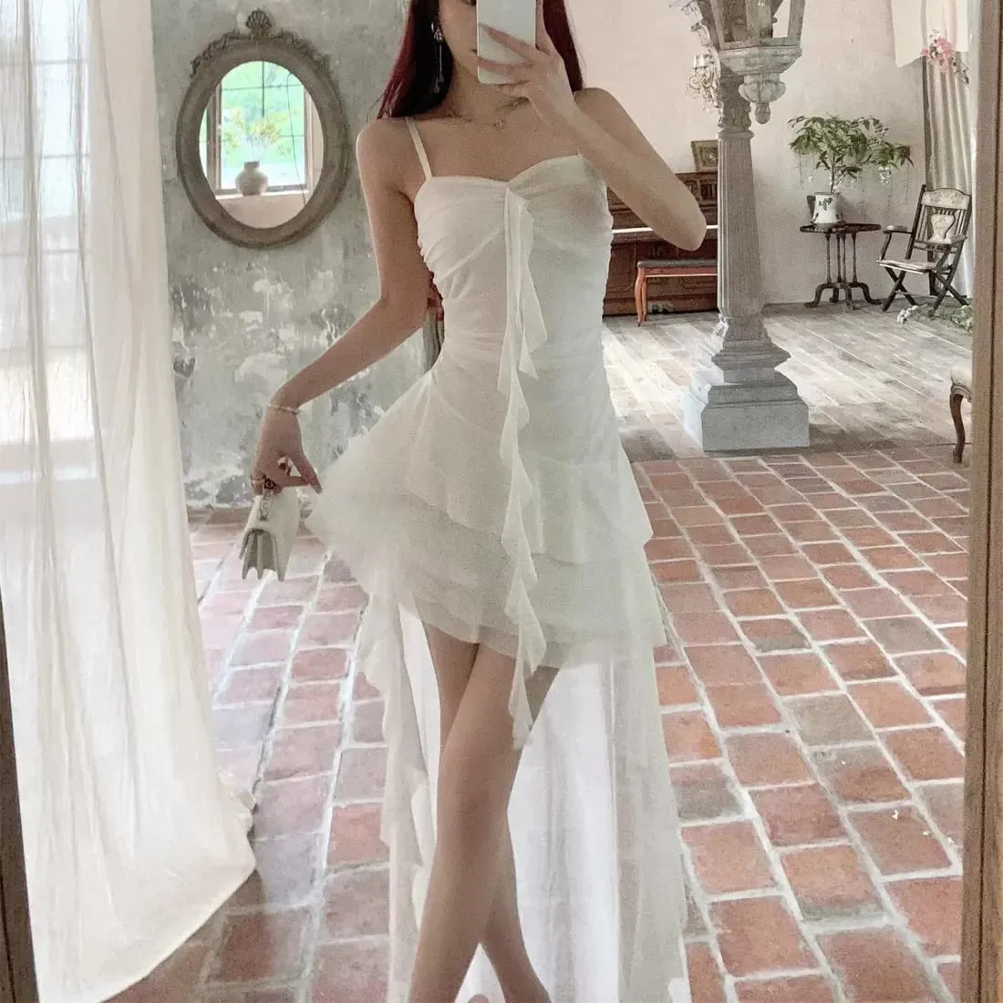 Fashion Sexy Spaghetti Strap Ruffle Irregular Bodycon Party Club Evening Dress Women Mesh Suspender Spring Summer Holiday Beach