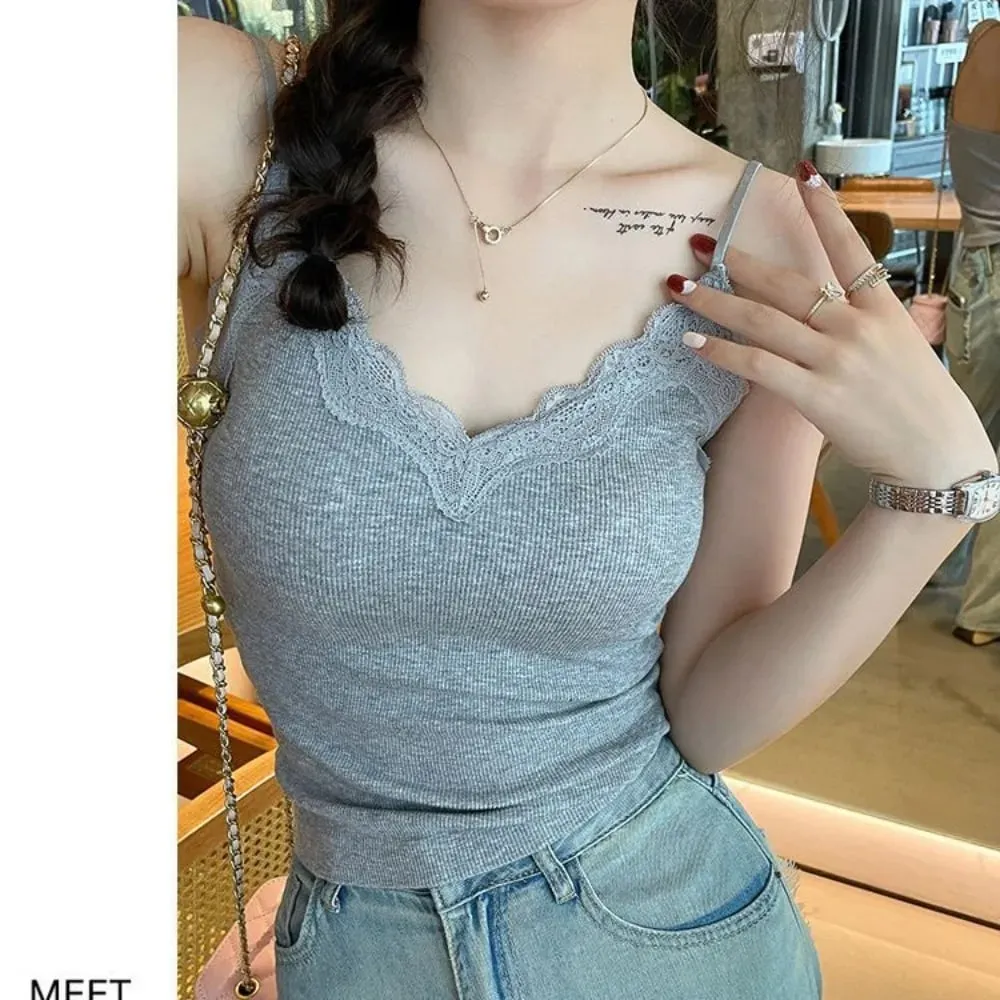 Högkvalitativt mode andas spets Camisole Strap BH Enfärgad sommartopp Sexig stil Wire-Free Crop Top