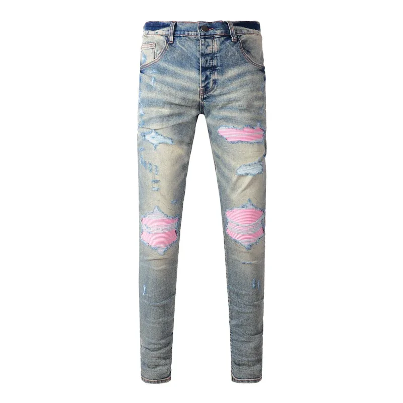 Fashionable New Men's Retro Blue Jeans With Pleated Elastic Perforated Blue Leather Patch Tight Tapered Pants Y2K